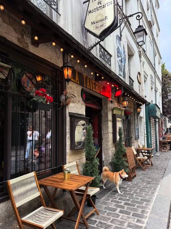 A café terrace with wooden tables on a Montmartre lane, a stop on a Montmartre food tour