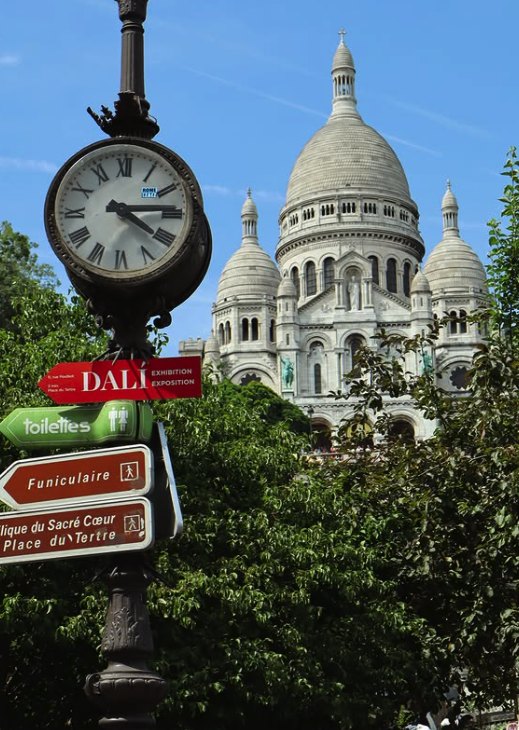 A Montmartre signpost for the funicular and Place du Tertre with the basilica behind